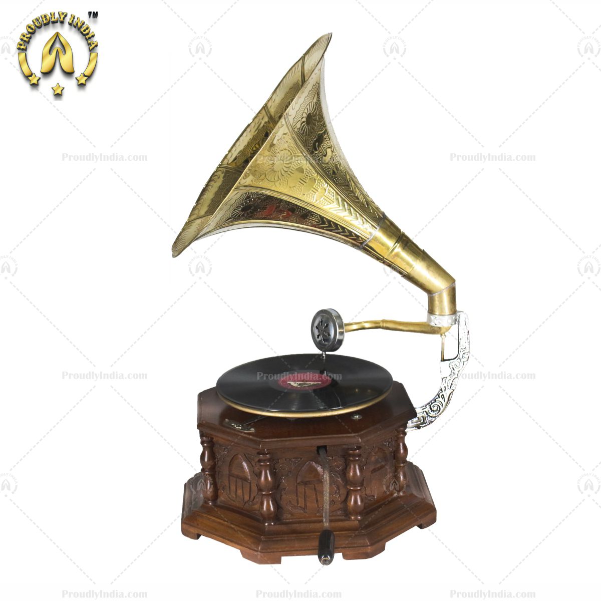 Vintage Music Player Octagon Carved Box With Gold Horn