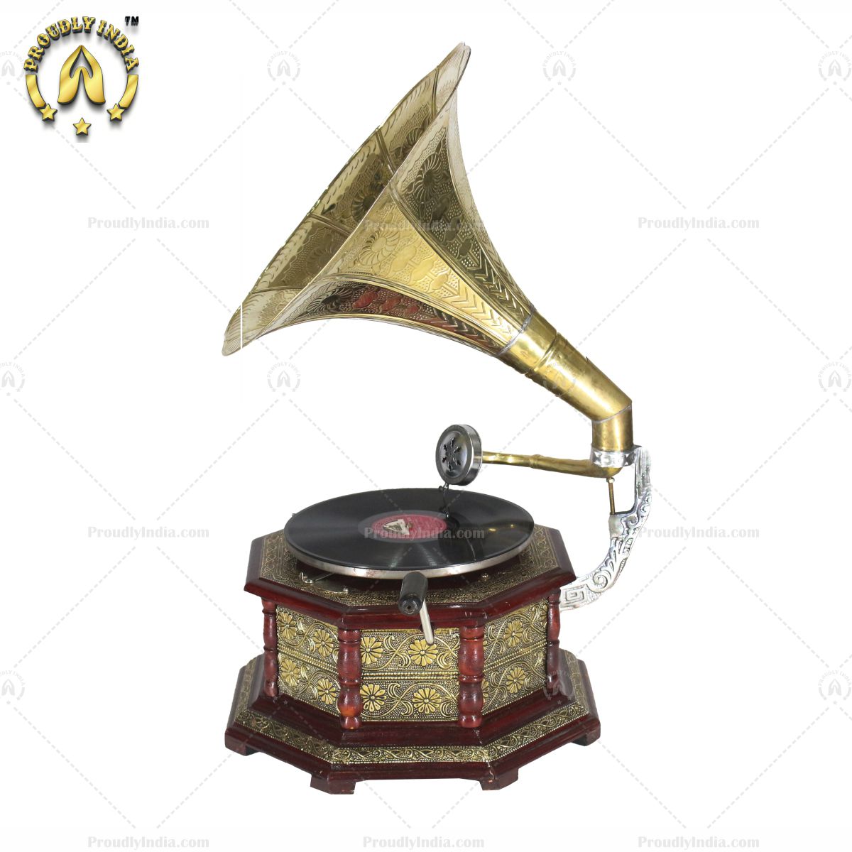 HMV Gramophone With Brass Floral Carving