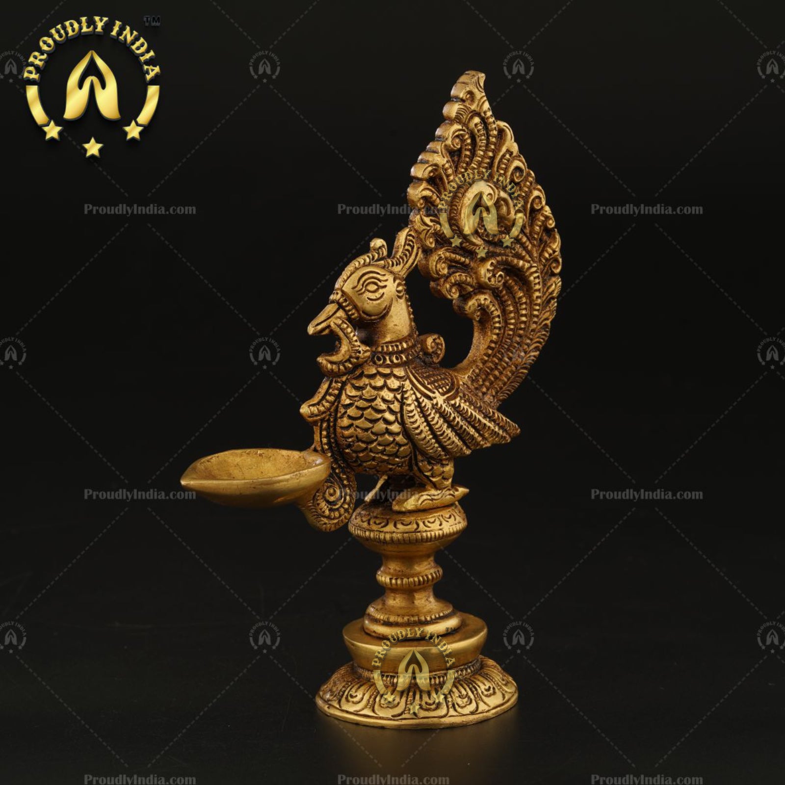 Traditional Peacock Brass Oil Lamp Diya Stand Set