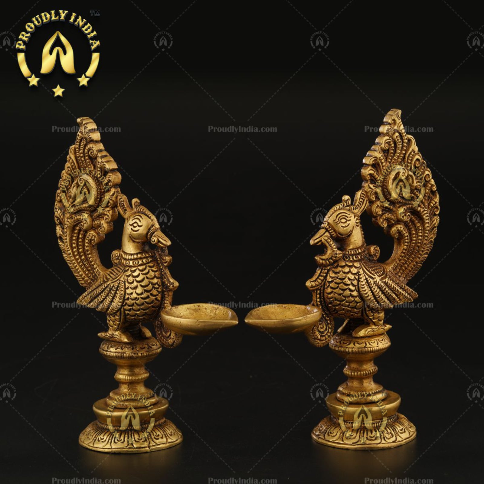 Traditional Peacock Brass Oil Lamp Diya Stand Set