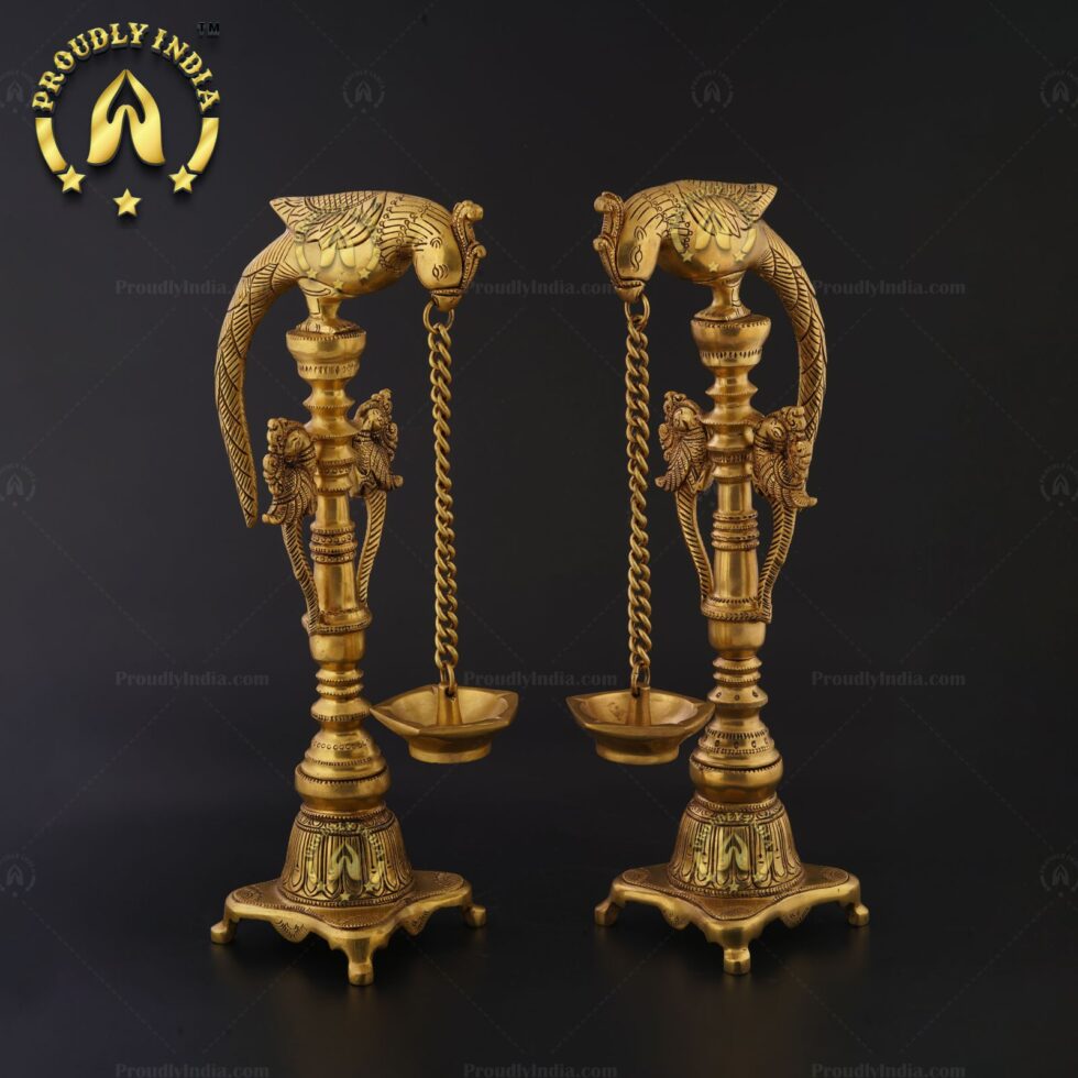 Traditional Handmade Hanging 5 Wick Parrot Lamp In Brass