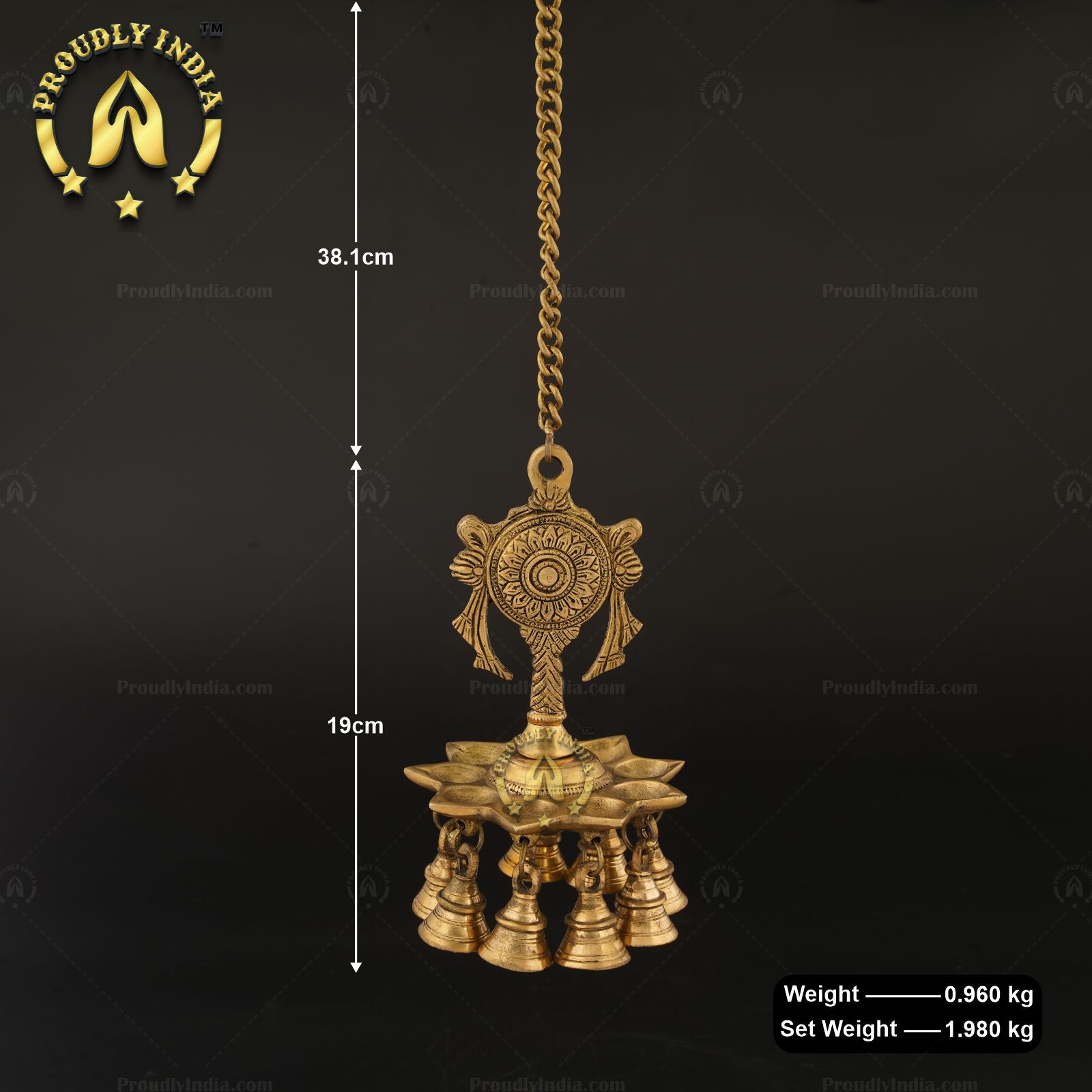 Brass Wall Hanging Sanghu Chakra 9 Wicks Diya With Bell