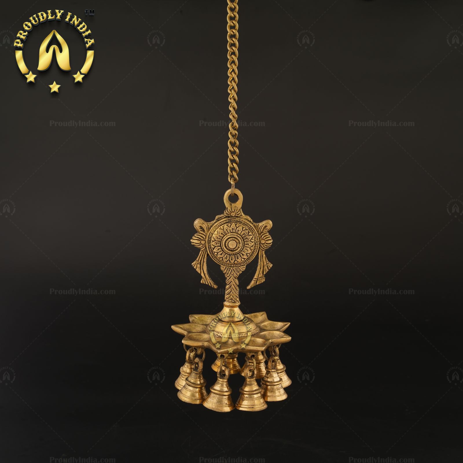 Brass Wall Hanging Sanghu Chakra 9 Wicks Diya With Bell