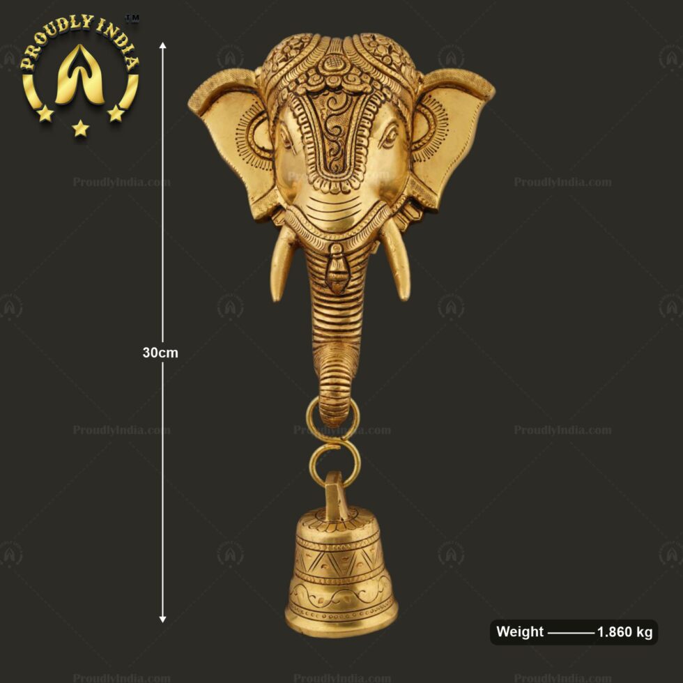 Brass Decorative Elephant Face Bell Wall Hanging Idol