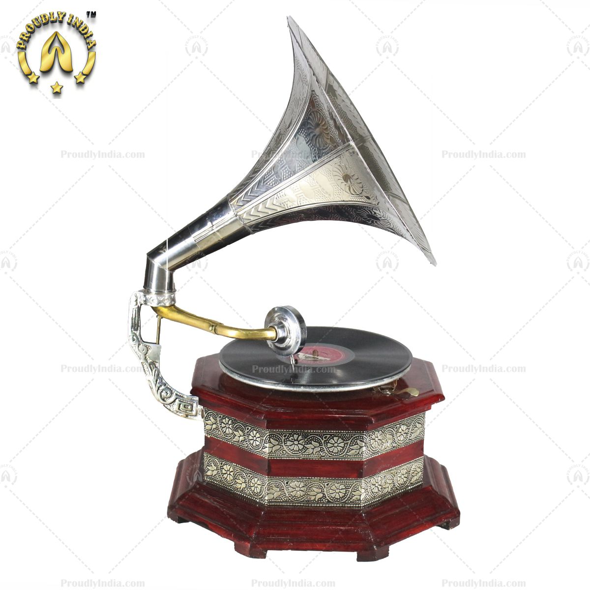 Antique Gramophone Silver Embossed Base With Horn