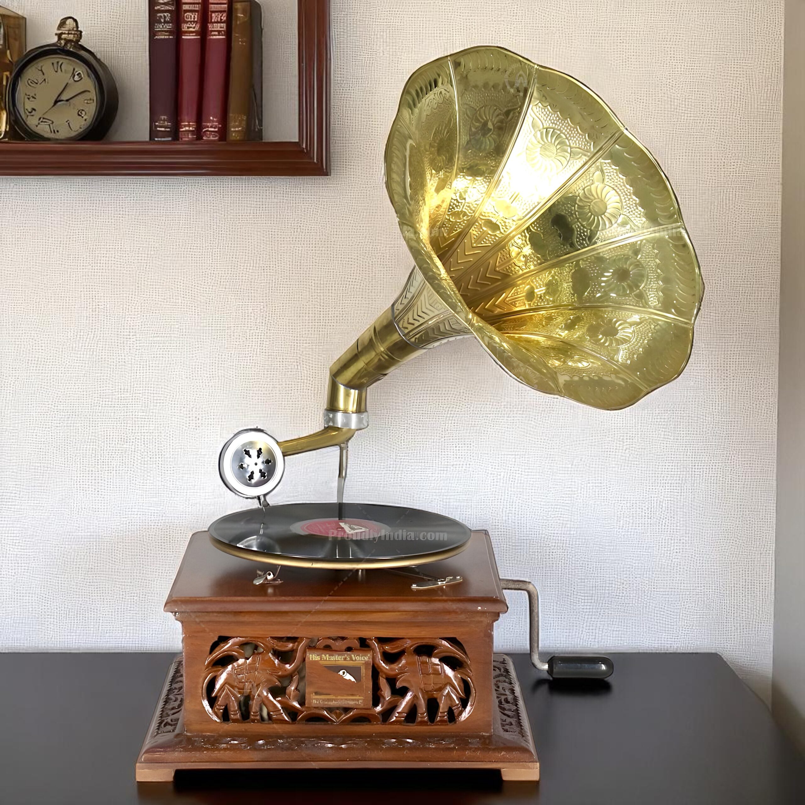 His Master Voice Elephant Carved Box Gramophone With Horn