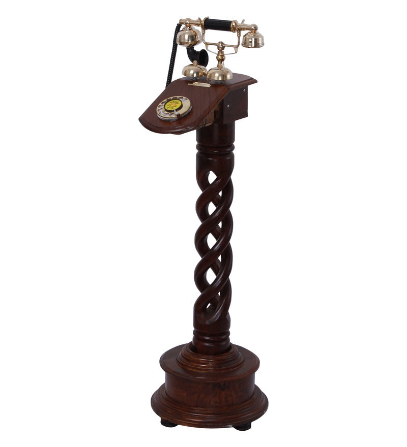 Wood And Brass Retro Pole Type Standing Telephone