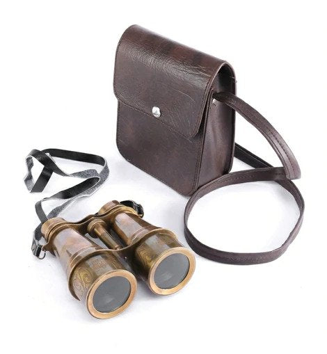 Brass Carved Binoculars With Leather Pouch