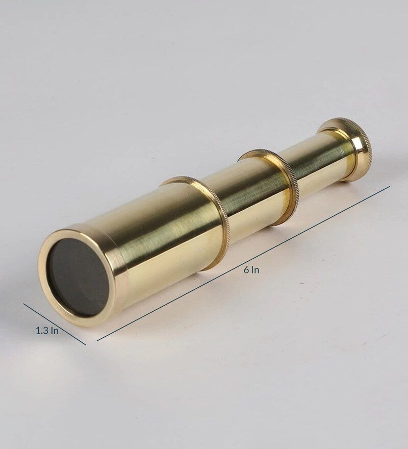 Antique And Compact Gold Finish Brass Telescope In Box