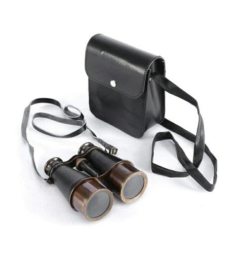 Black And Brown Leather Wrapped Binoculars With Leather Pouch