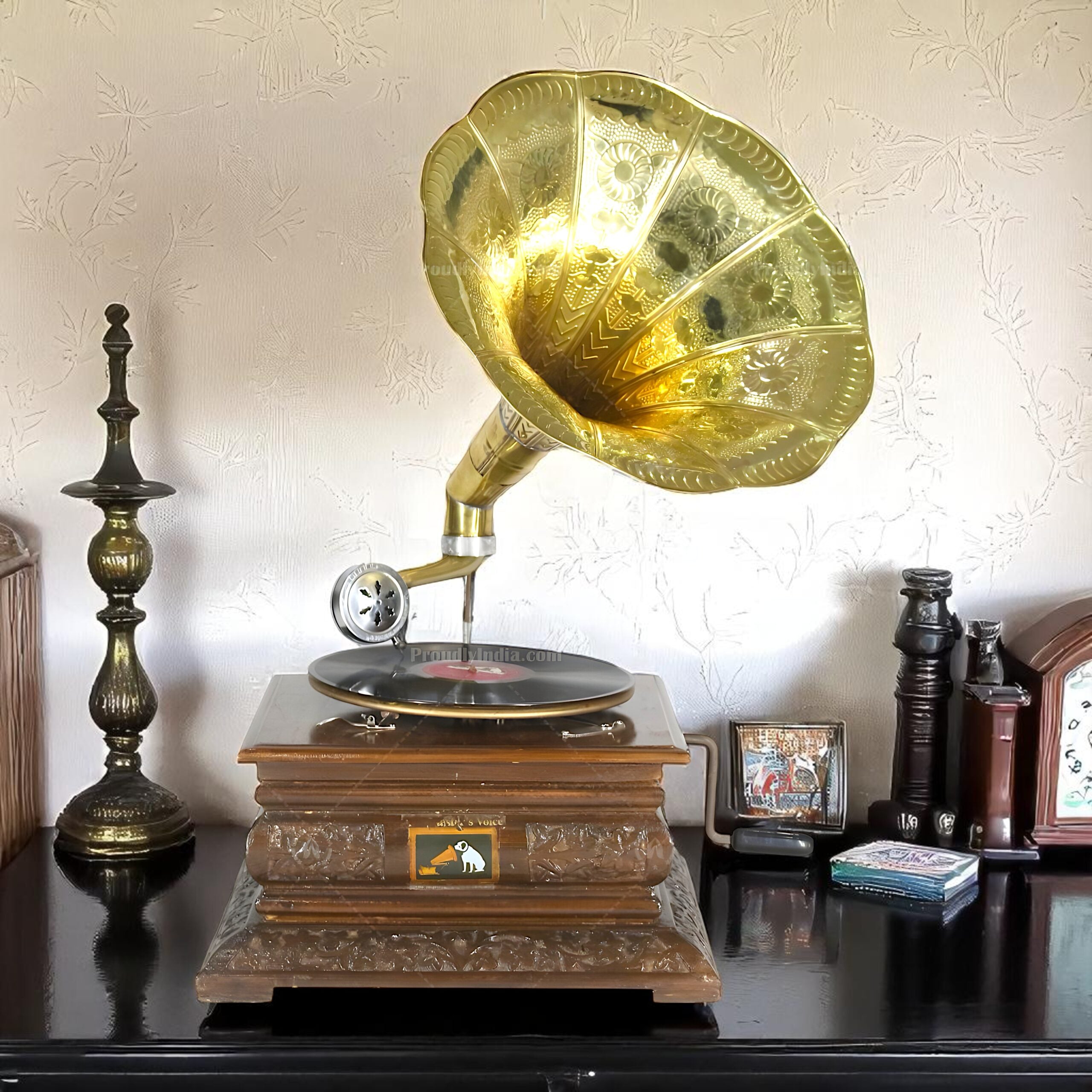 8 RPM Record Player With Designer Brass Horn