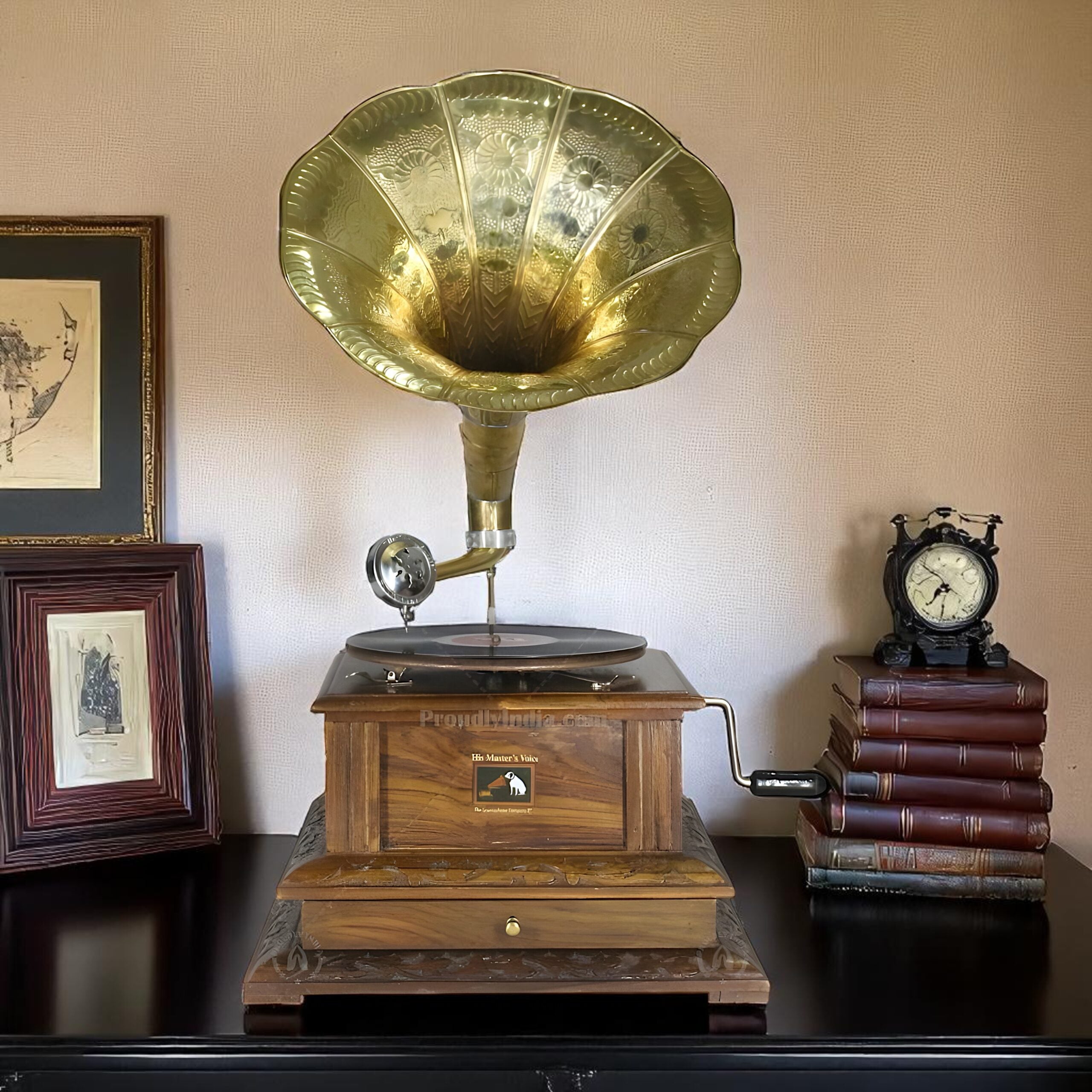 HMV Drawer Gramophone With Gold Brass Horn