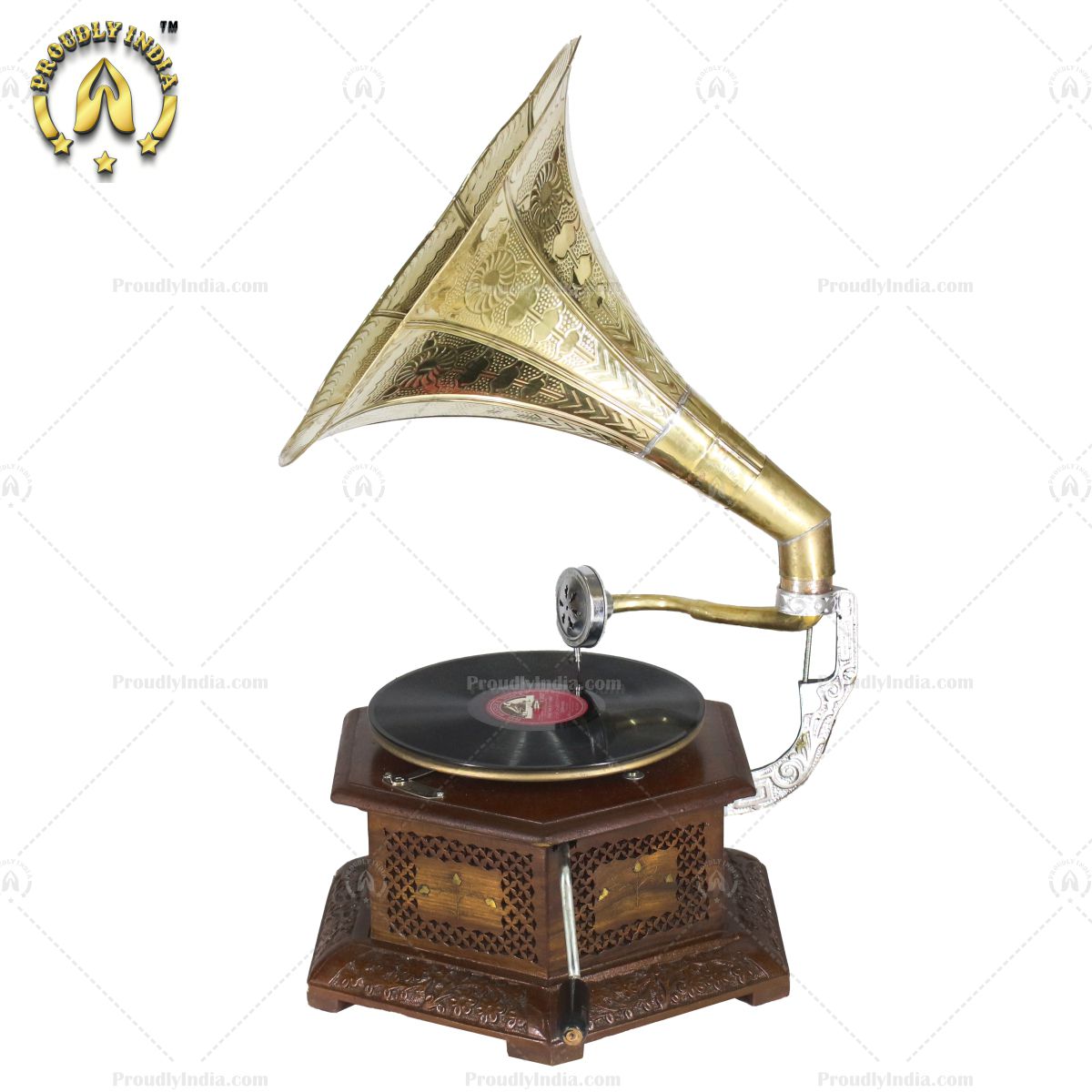 Hexagonal Grill Carved HMV Gramophone With Horn