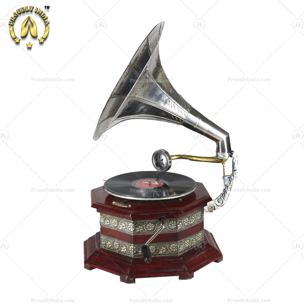Antique Gramophone Silver Embossed Base With Horn