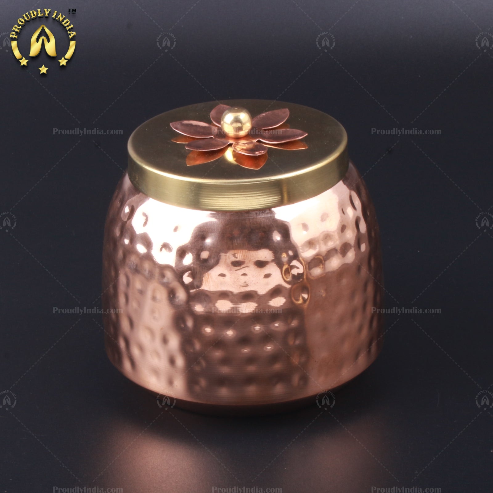 Set Of 2 Copper Hammered Container With Brass Lid