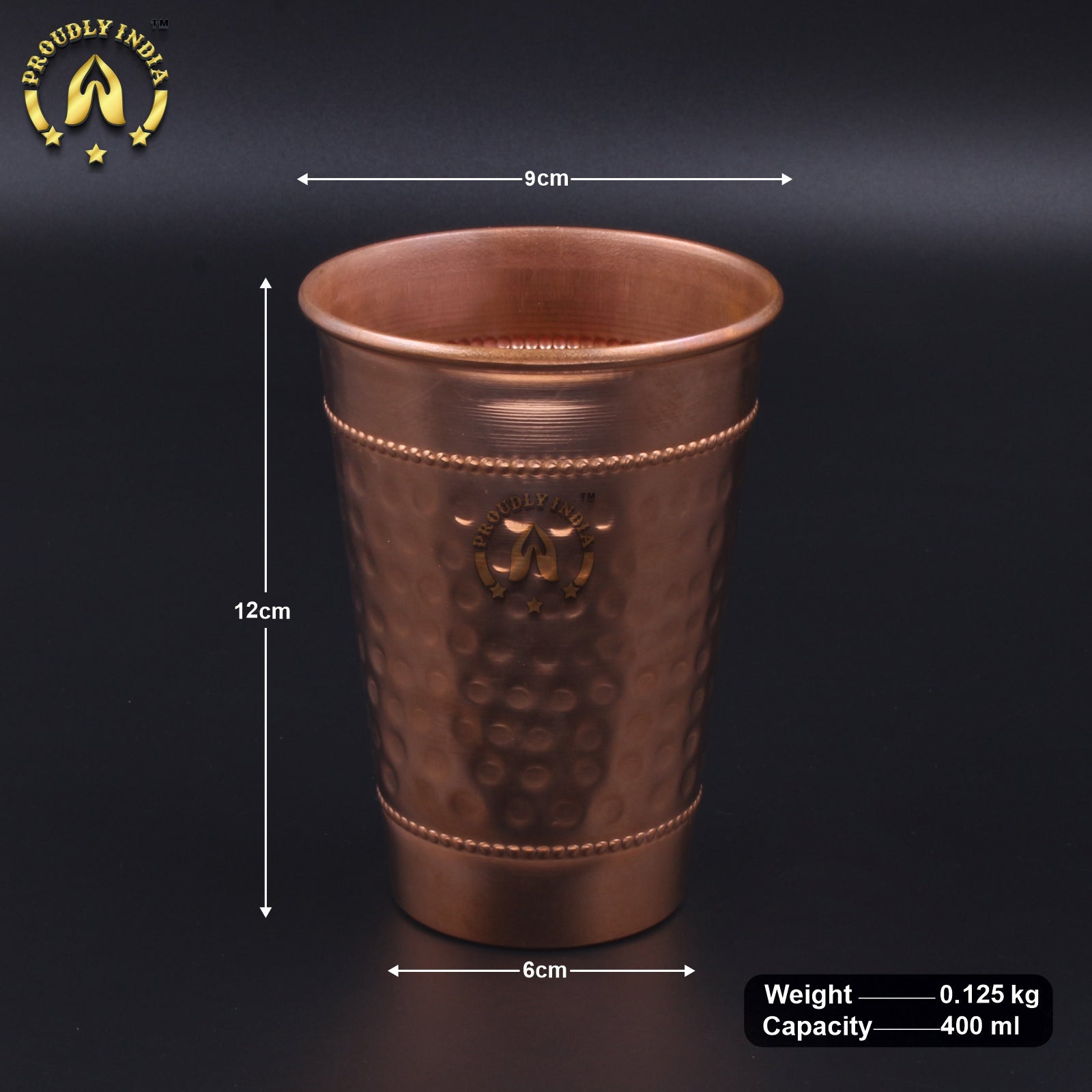 Set of 2 Pure Copper Hammered Drinking Glass 400 ml