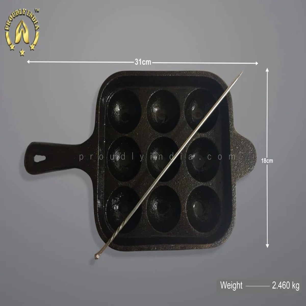 9-Pit Square Cast Iron Paniyaram Pan with Handle