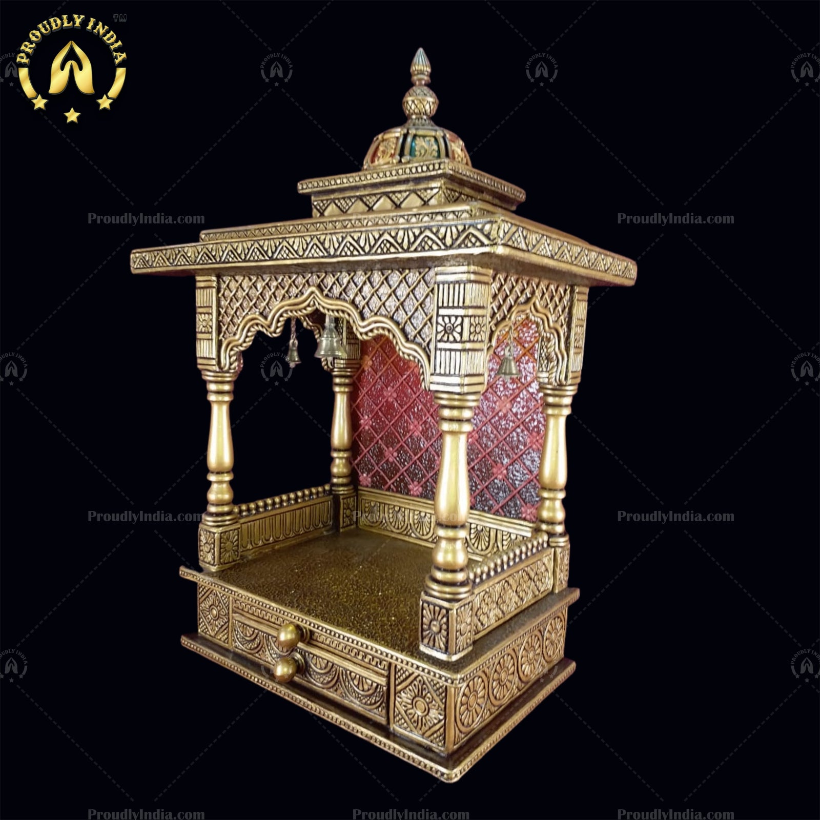 Hindu Pooja Mandir Gold Painted Wooden Hand Made