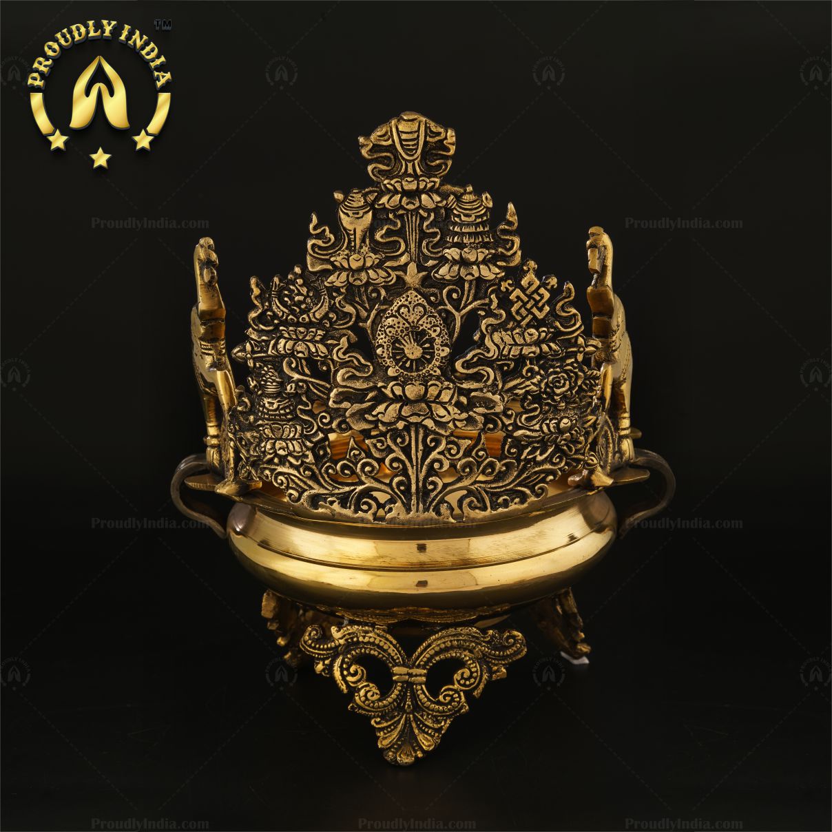 Tibetan Buddhist Ashtamangala Urli In Brass.