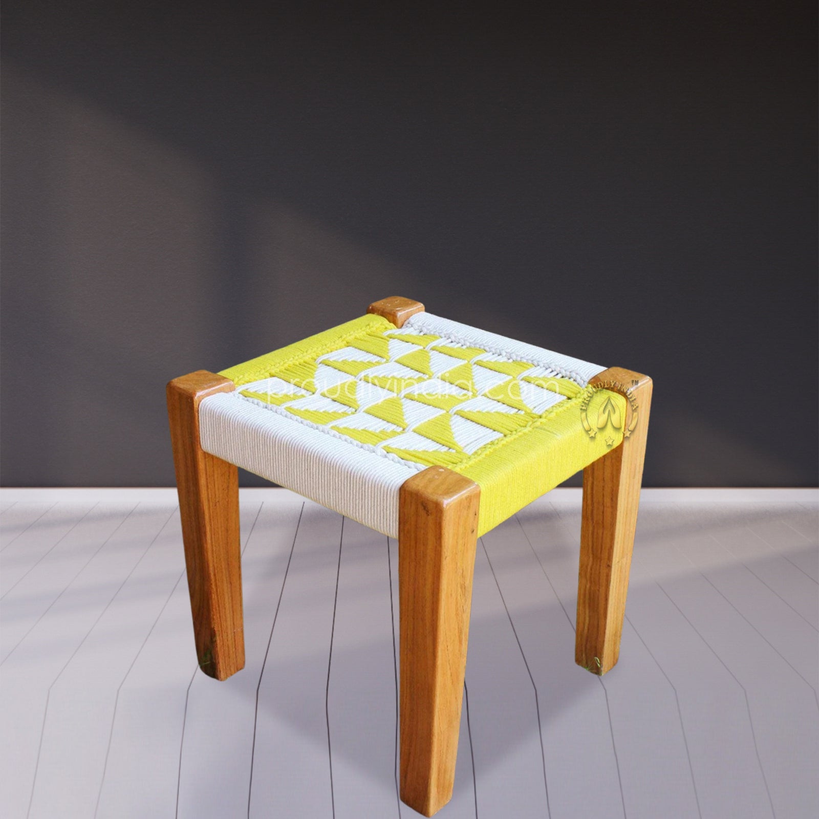 Yellow-White Traditional Weave Wood Stool