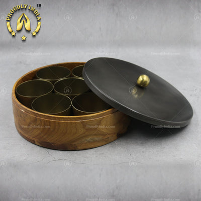 Wooden Masala Box With Metal Lid