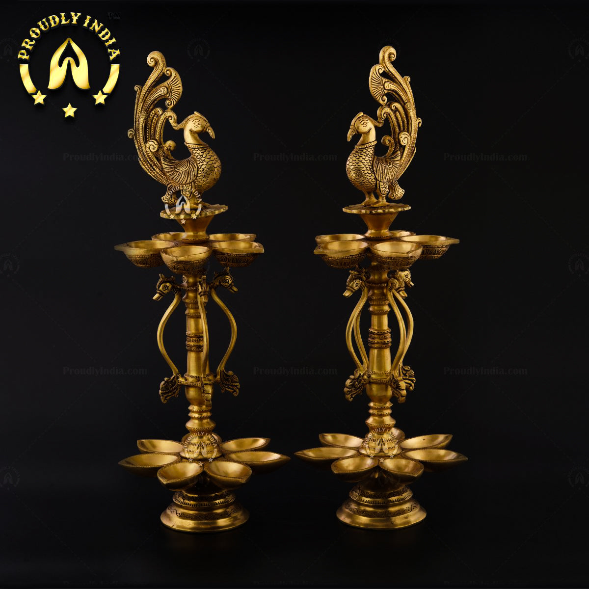 Traditional Brass Handmade Twelve-Wick Peacock Lamp with Stand Set of 2