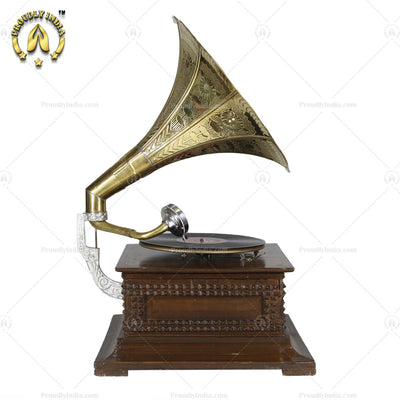 Wooden Bullet Carving Gramophone With Gold Horn