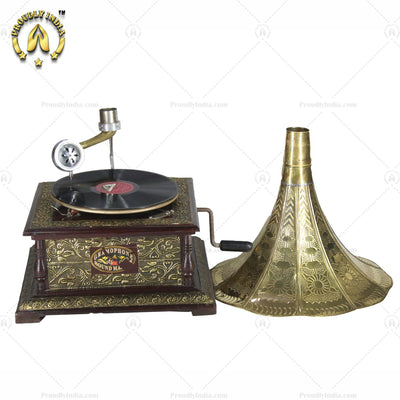 Vintage Music Player With Brass Engraved Horn