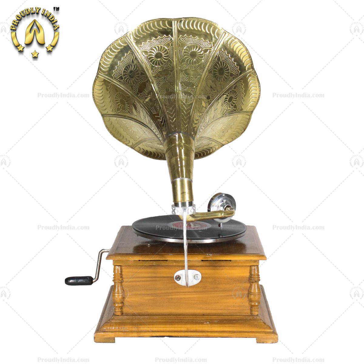 Retro Music Player Gramophone Oak Finish With Horn