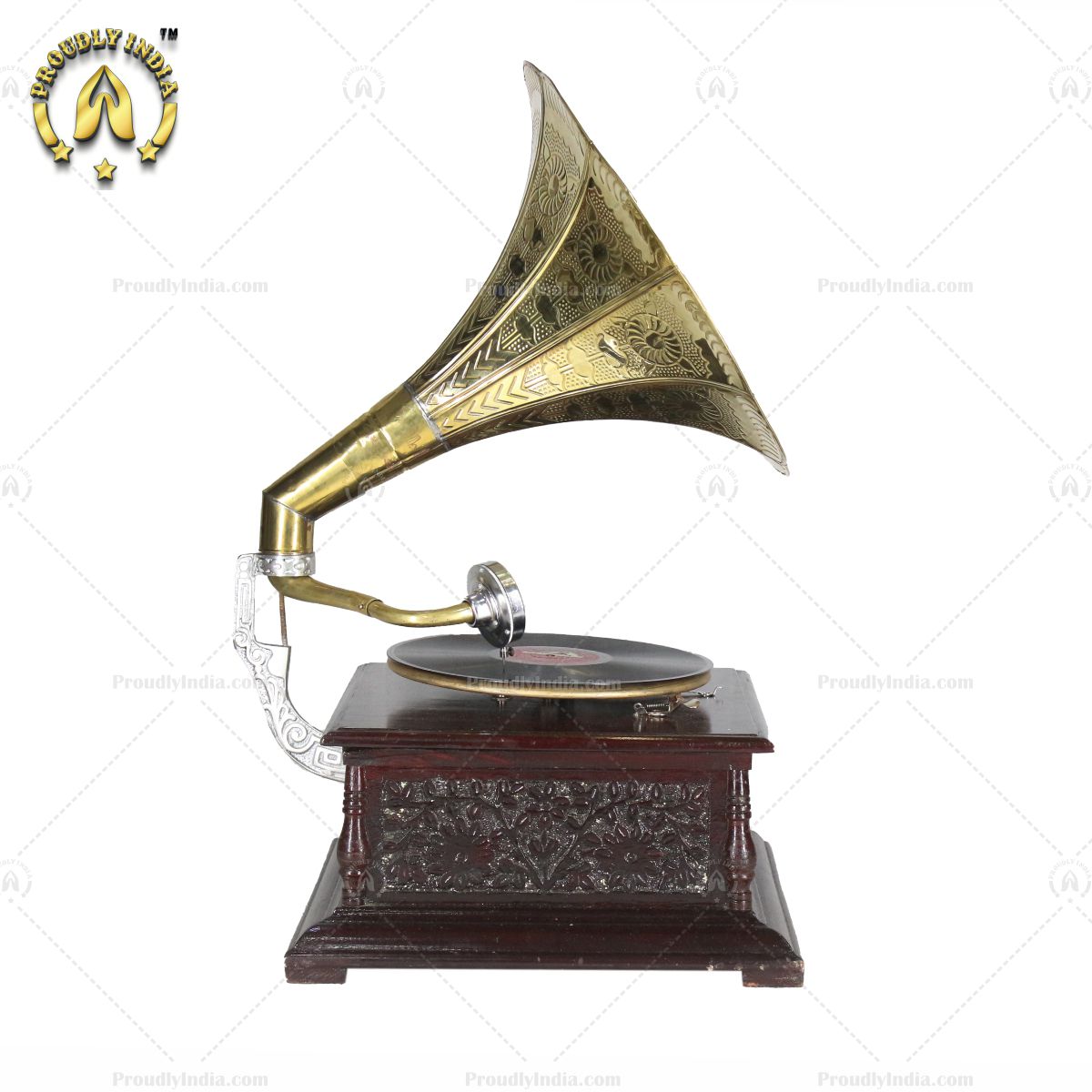 His Master Voice Floral Carved Gramophone Box With Horn