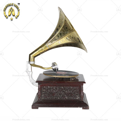 His Master Voice Floral Carved Gramophone Box With Horn