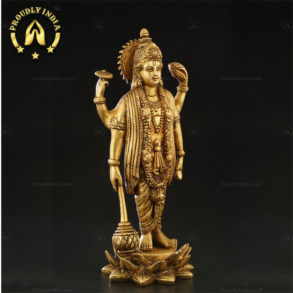 Brass Lord Bhagwan Vishnu Narayan Idol Holding Gada On Lotus Statue