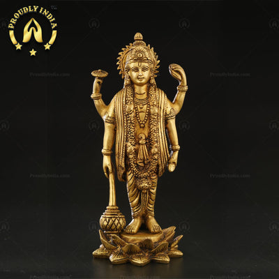 Brass Lord Bhagwan Vishnu Narayan Idol Holding Gada On Lotus Statue
