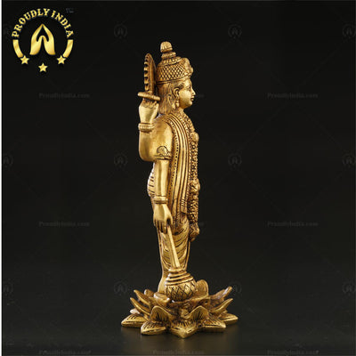 Brass Lord Bhagwan Vishnu Narayan Idol Holding Gada On Lotus Statue