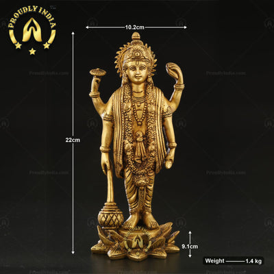 Brass Lord Bhagwan Vishnu Narayan Idol Holding Gada On Lotus Statue