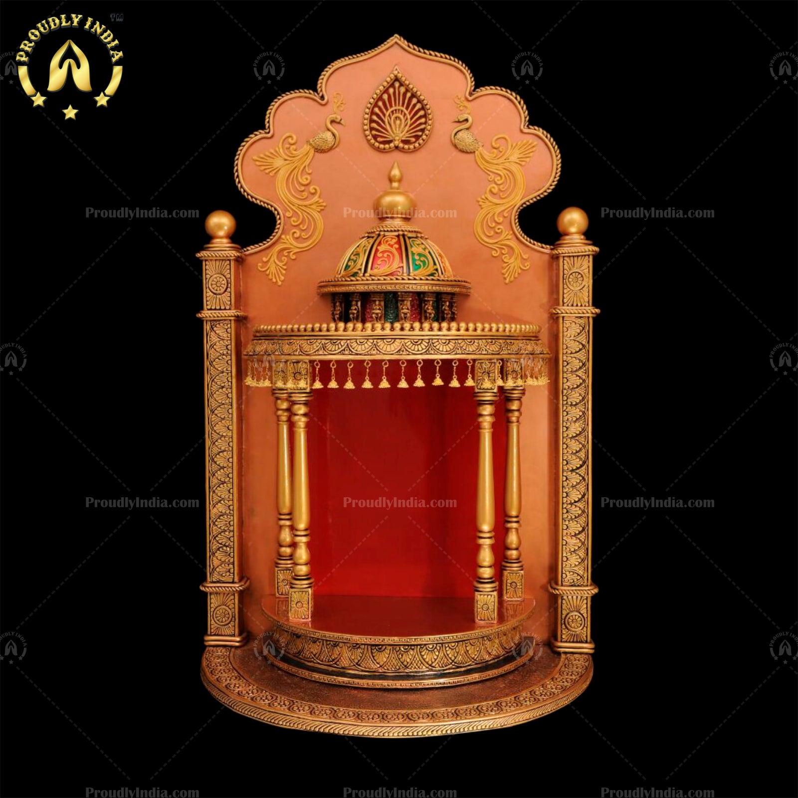Antique Looking Huge Round Golden Temple | Pooja Mandir | Pooja Unit | Prayer Unit Handmade Artwork With Attached Backdrop 24"X13"×40"