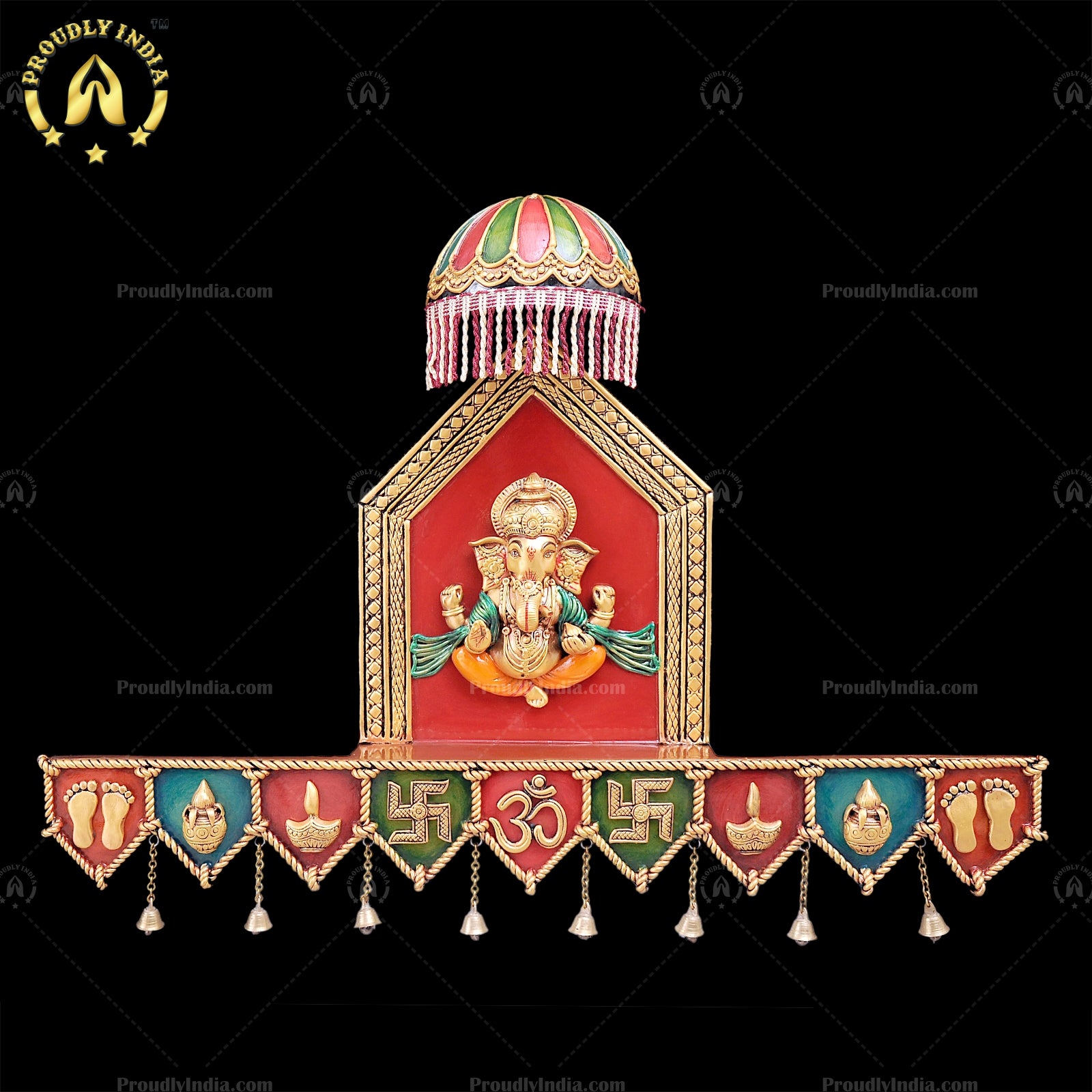 Handcrafted Door Hanging With Bells Or Border Patti Toran Of Hindu God Symbols