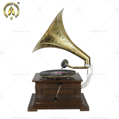 Wooden Bullet Carving Gramophone With Gold Horn