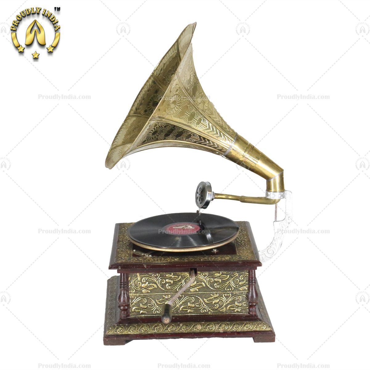 Vintage Music Player With Brass Engraved Horn