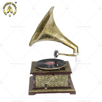 Vintage Music Player With Brass Engraved Horn