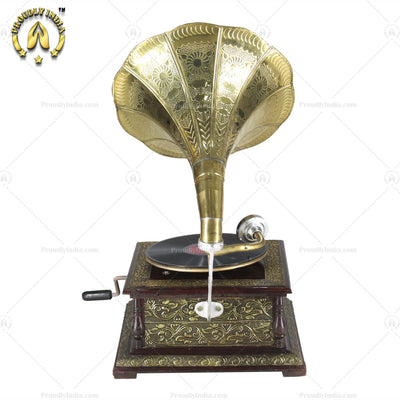 Vintage Music Player With Brass Engraved Horn
