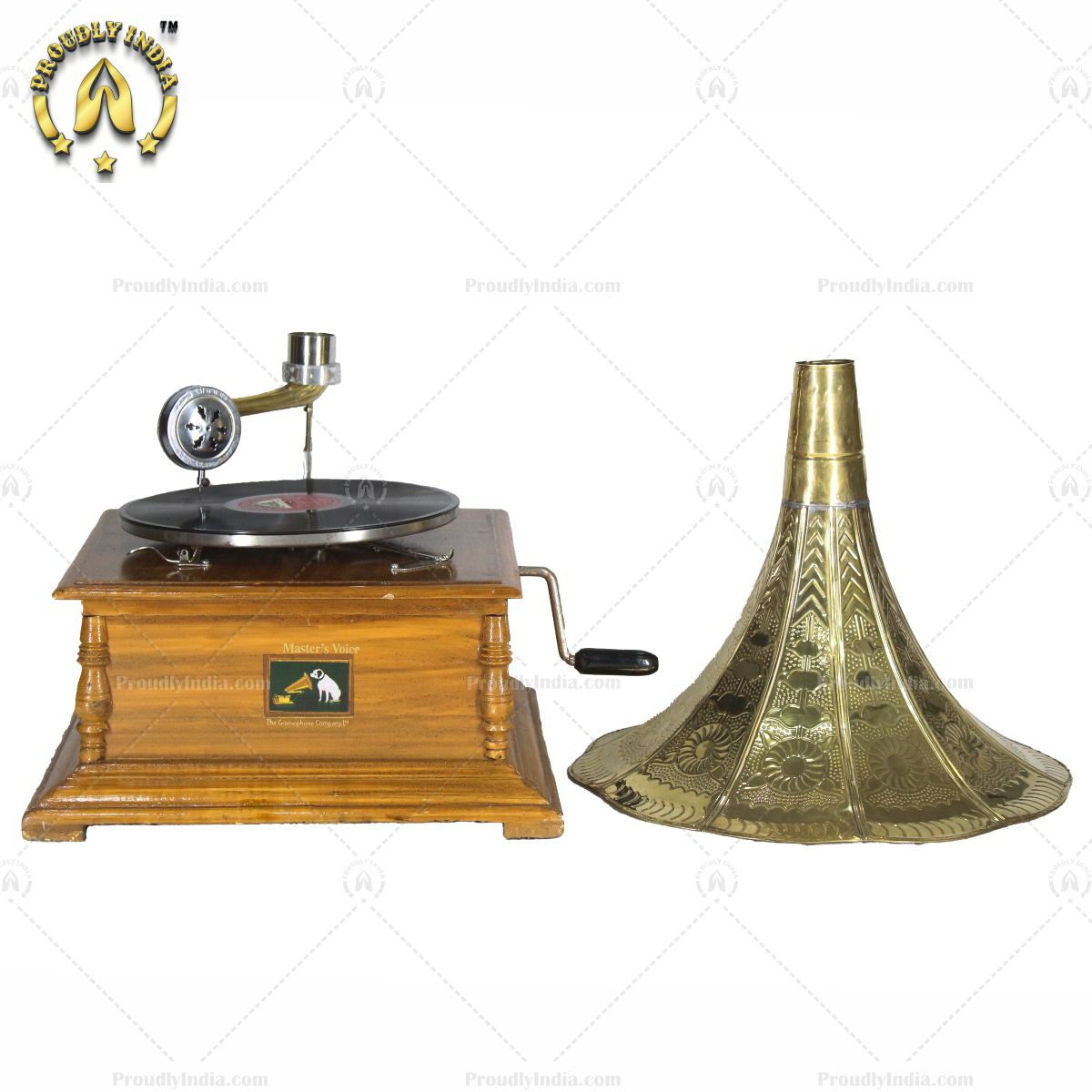 Retro Music Player Gramophone Oak Finish With Horn