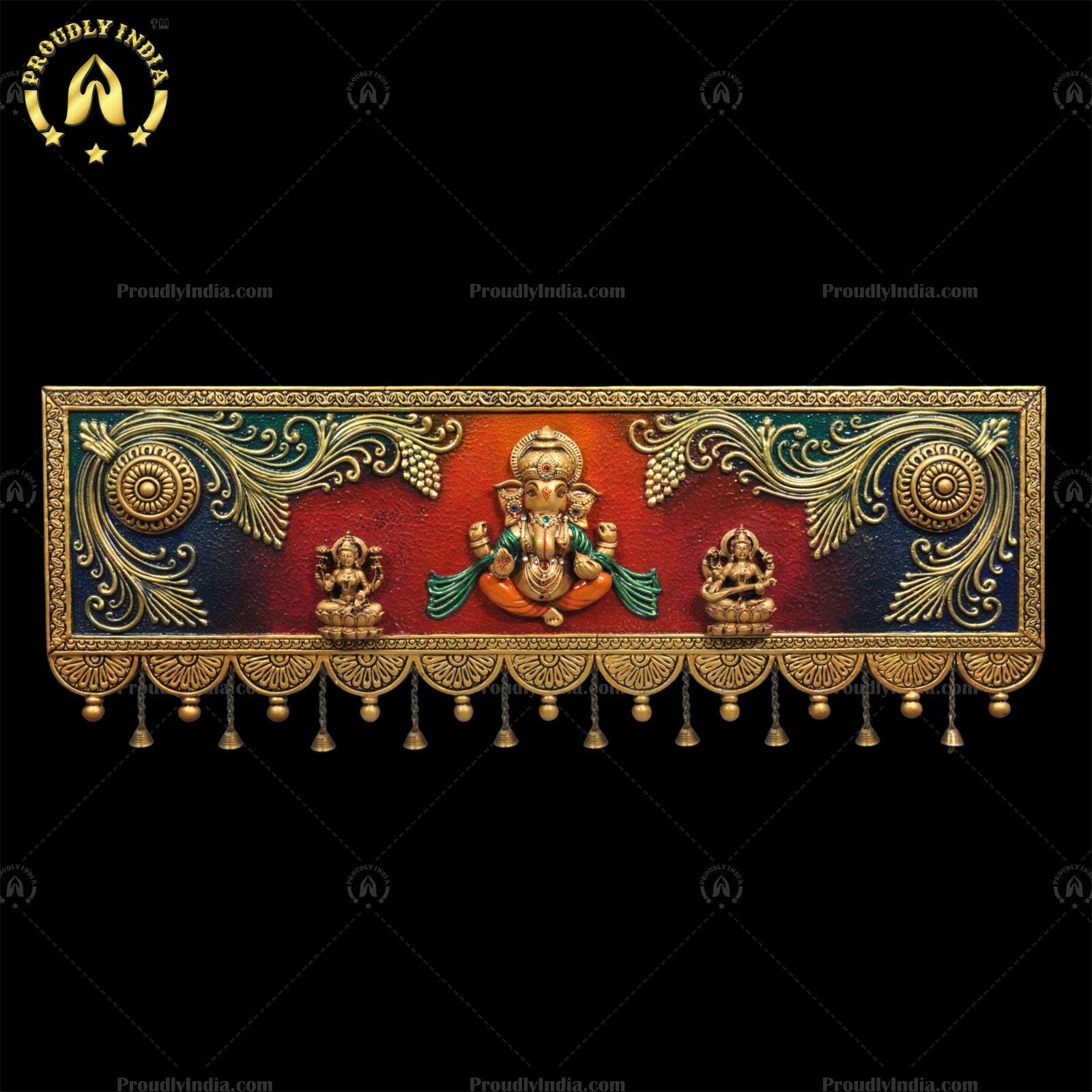 Ganesh/Laxmi/Saraswati Toran Wall Mural With Bell,Duco Paint Wooden GLS Bell Toran, For Decoration