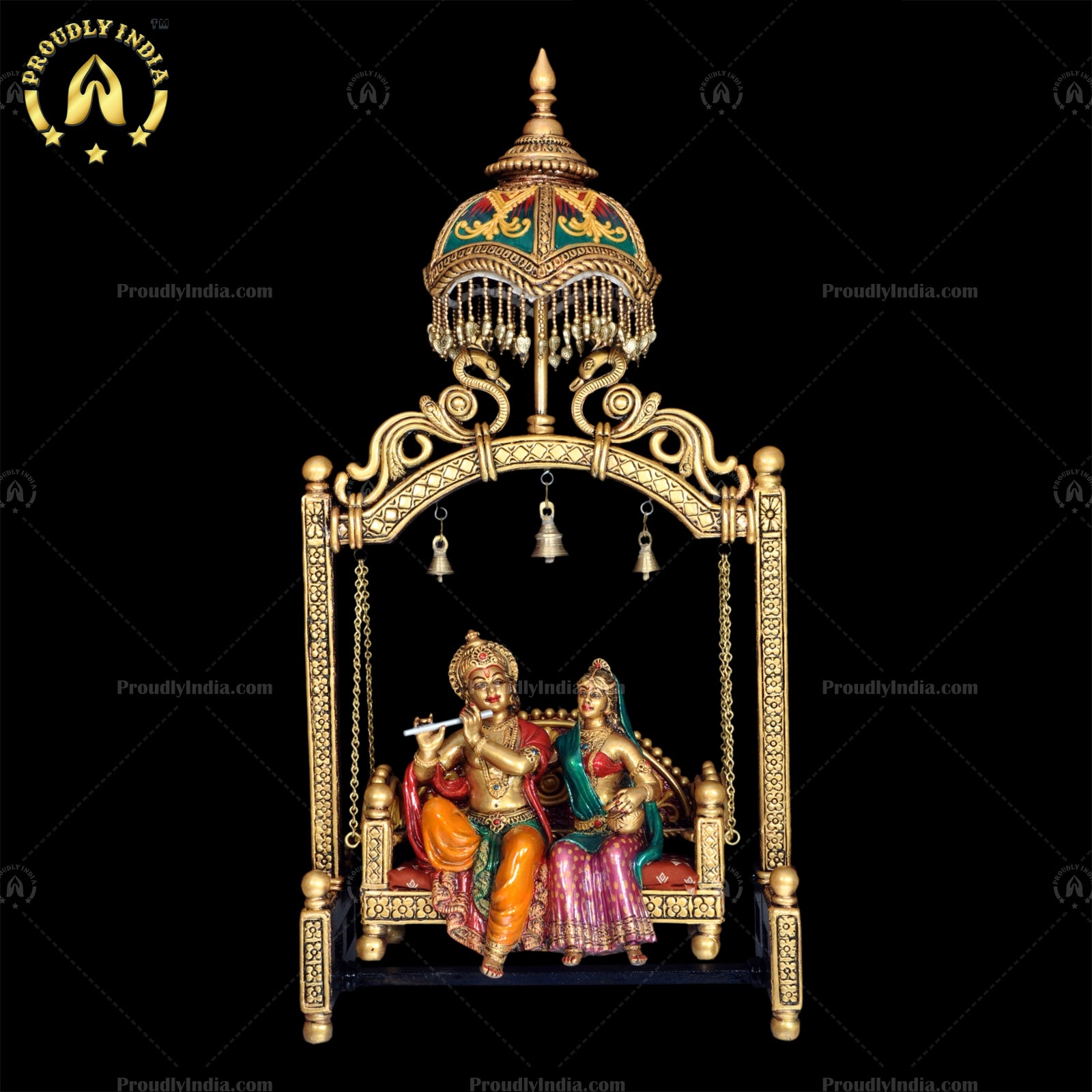 Duco Paint Hindu Divine Couple Statue, Brass Small Radha Krishna Chatri Jhula,For Temple,Exotic Radha-Krishna Golden Chatri Jhula, For Home