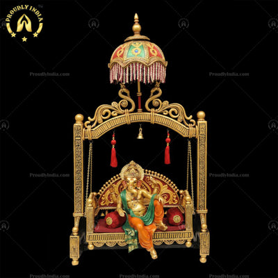 Buy Online Brass Chatri Jhula Ganesh,Brass Big For Temple,Hindu Divine Statue,God Of Good Luck,Ganesha Idol,Ganesh Murti With Chatri Swing