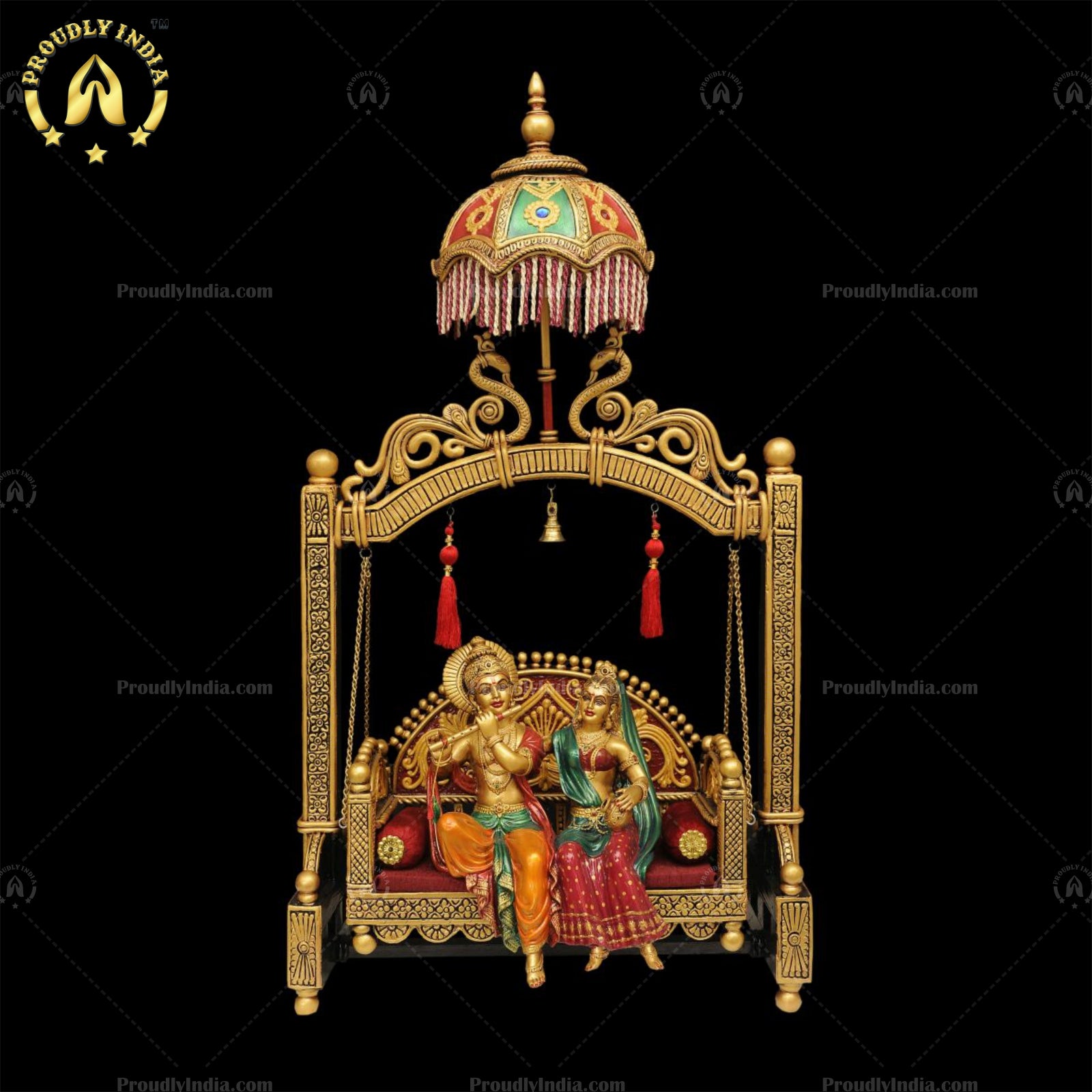 Duco Paint Hindu Divine Couple Statue, Brass Small Radha Krishna Chatri Jhula,For Temple,Exotic Radha-Krishna Golden Chatri Jhula, For Home