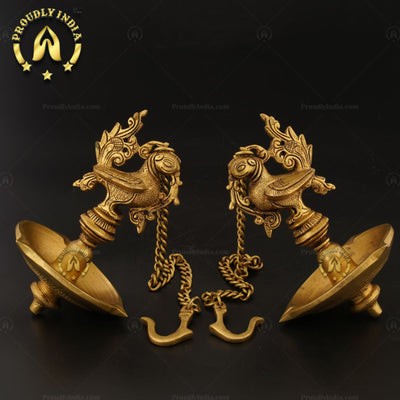 Set of 2 Brass Peacock wall Hanging Oil Lamp.
