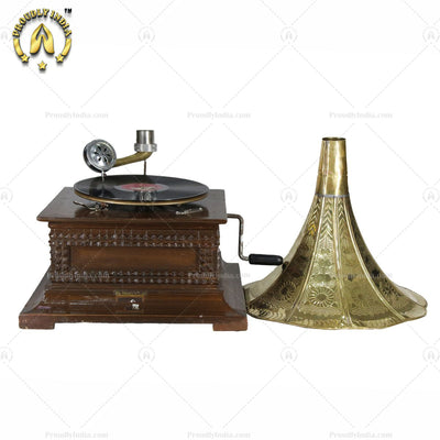 Wooden Bullet Carving Gramophone With Gold Horn