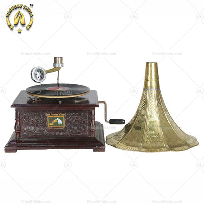 His Master Voice Floral Carved Gramophone Box With Horn