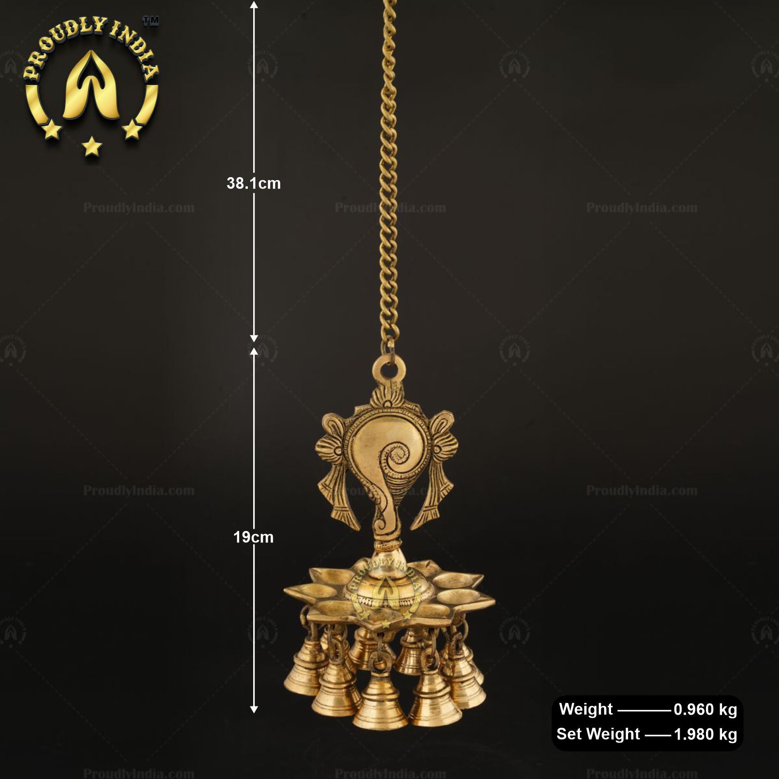 Brass Wall Hanging Sanghu Chakra 9 Wicks Diya With Bell
